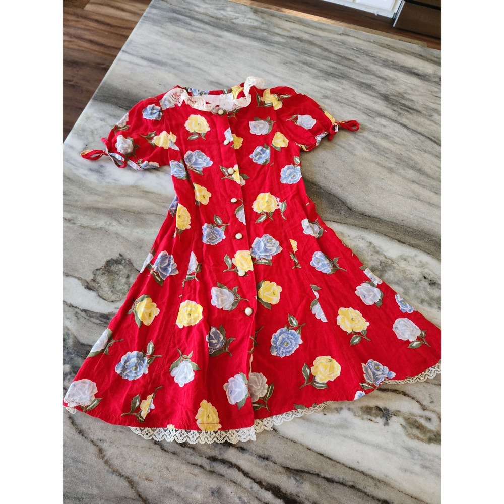 VTG Rose Cottage Floral Dress Button Front Short Sleeve Lace Trim‎ Red Size 4